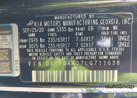 2020 Kia Sorento 2.4L L из США, поврежденный, VIN 5XYPG4A37LG711638